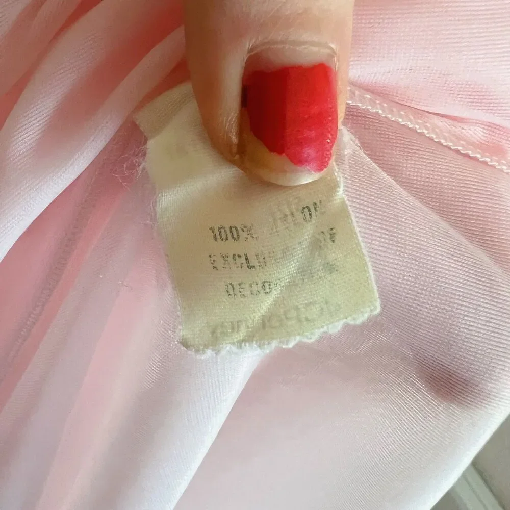 Vintage 1970s Sheer Pink Chiffon Night Gown Lace Details Coquette Size M - Picture 6 of 6